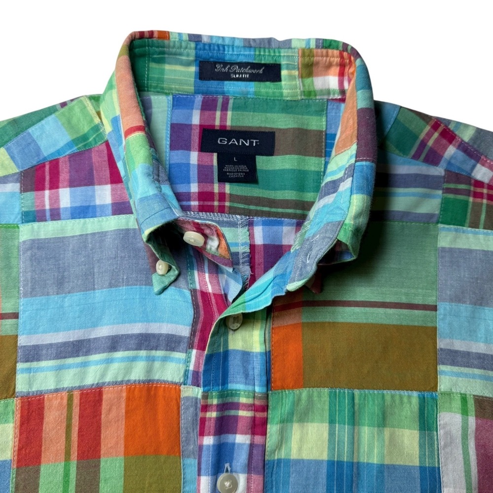 Gant Patchwork Button Down Shirt Mens Large Multicolor Plaid Slim Fit GNH
